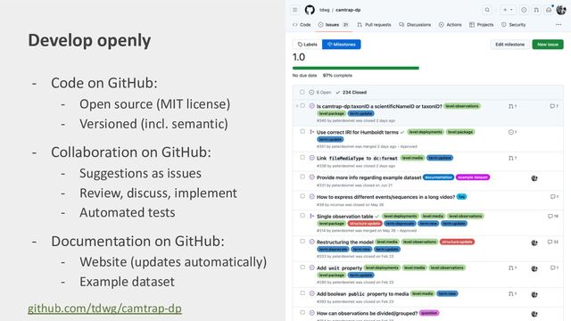 Develop openly
- Code on GitHub:
- Open source (MIT license)
- Versioned (incl. semantic)
- Collaboration on GitHub:
- Suggestions as issues
- Review, discuss, implement
- Automated tests
- Documentation on GitHub:
- Website (updates automatically)
- Example dataset
github.com/tdwg/camtrap-dp
