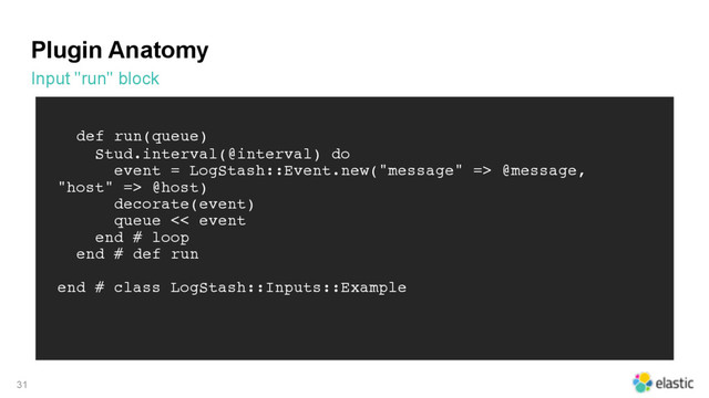 Plugin Anatomy
Input "run" block
31
def run(queue)
Stud.interval(@interval) do
event = LogStash::Event.new("message" => @message,
"host" => @host)
decorate(event)
queue << event
end # loop
end # def run
end # class LogStash::Inputs::Example
