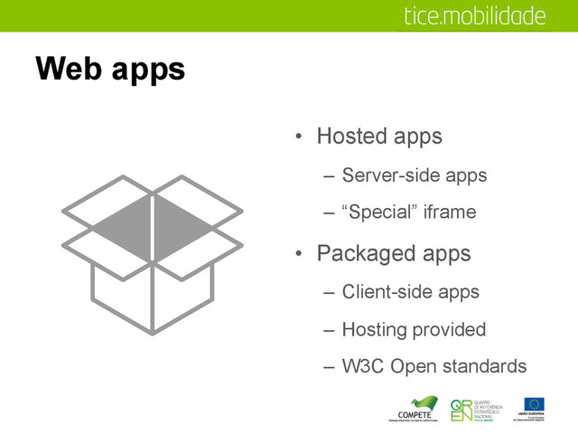 Web apps
•  Hosted apps
–  Server-side apps
–  “Special” iframe
•  Packaged apps
–  Client-side apps
–  Hosting provided
–  W3C Open standards
