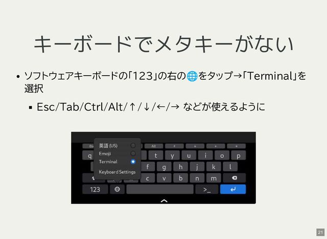 キーボードでメタキーがない
ソフトウェアキーボードの「123」の右の
🌐をタップ→「Terminal」を
選択
Esc/Tab/Ctrl/Alt/↑/↓/←/→ などが使えるように
21
