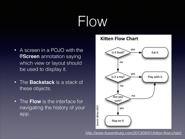 Flow
• A screen in a POJO with the
@Screen annotation saying
which view or layout should
be used to display it.
• The Backstack is a stack of
these objects.
• The Flow is the interface for
navigating the history of your
app.
http://www.rluxemburg.com/2013/09/01/kitten-ﬂow-chart/
