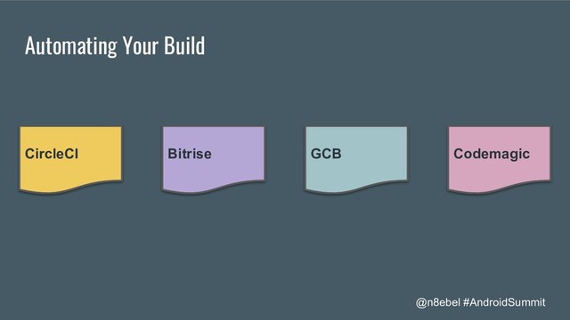 @n8ebel #AndroidSummit
Automating Your Build
CircleCI Bitrise GCB Codemagic
