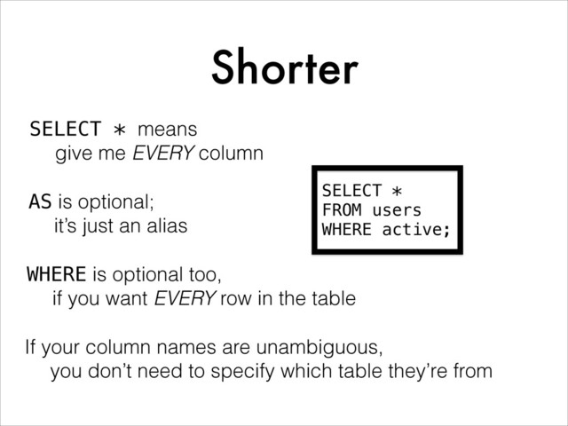 Shorter
SELECT *
FROM users
WHERE active;
SELECT * means
give me EVERY column
AS is optional;
it’s just an alias
If your column names are unambiguous,
you don’t need to specify which table they’re from
WHERE is optional too,
if you want EVERY row in the table
