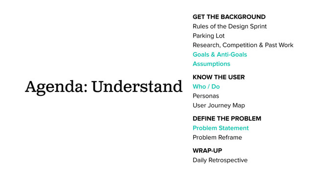 GET THE BACKGROUND
Rules of the Design Sprint
Parking Lot
Research, Competition & Past Work
Goals & Anti-Goals
Assumptions
KNOW THE USER
Who / Do
Personas
User Journey Map
DEFINE THE PROBLEM
Problem Statement
Problem Reframe
WRAP-UP
Daily Retrospective
Agenda: Understand
