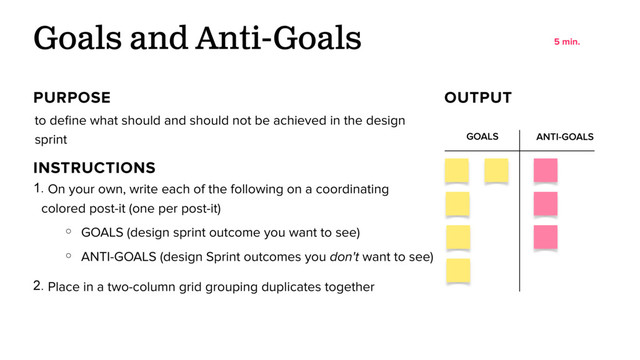 to deﬁne what should and should not be achieved in the design
sprint
Goals and Anti-Goals
PURPOSE OUTPUT
5 min.
INSTRUCTIONS
1. On your own, write each of the following on a coordinating
colored post-it (one per post-it)
○ GOALS (design sprint outcome you want to see)
○ ANTI-GOALS (design Sprint outcomes you don't want to see)
2. Place in a two-column grid grouping duplicates together
GOALS ANTI-GOALS
