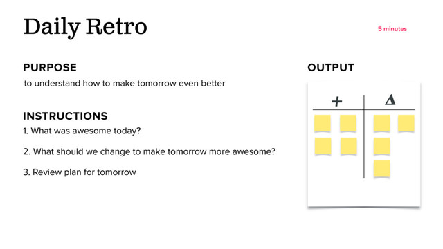 to understand how to make tomorrow even better
Daily Retro
1. What was awesome today?
2. What should we change to make tomorrow more awesome?
3. Review plan for tomorrow
PURPOSE
INSTRUCTIONS
OUTPUT
+ ∆
5 minutes

