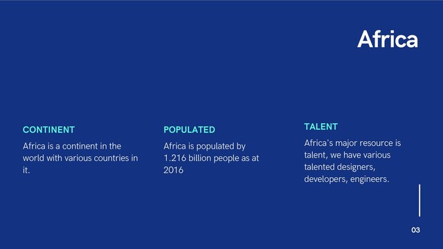 Africa
CONTINENT
Africa is a continent in the
world with various countries in
it.
POPULATED
Africa is populated by
1.216 billion people as at
2016
TALENT
Africa's major resource is
talent, we have various
talented designers,
developers, engineers.
03
