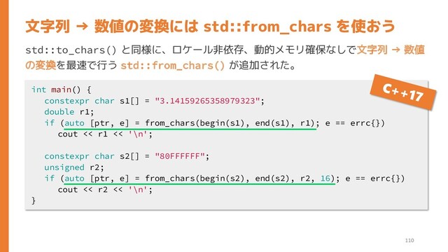 std::to_chars() と同様に、ロケール非依存、動的メモリ確保なしで文字列 → 数値
の変換を最速で行う std::from_chars() が追加された。
文字列 → 数値の変換には std::from_chars を使おう
int main() {
constexpr char s1[] = "3.14159265358979323";
double r1;
if (auto [ptr, e] = from_chars(begin(s1), end(s1), r1); e == errc{})
cout << r1 << '\n';
constexpr char s2[] = "80FFFFFF";
unsigned r2;
if (auto [ptr, e] = from_chars(begin(s2), end(s2), r2, 16); e == errc{})
cout << r2 << '\n';
}
110

