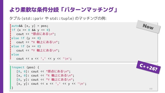 タプル (std::pair や std::tuple) のマッチングの例:
より柔軟な条件分岐「パターンマッチング」
inspect (pos) {
[0, 0]: cout << "原点にある\n";
[x, 0]: cout << "X 軸上にある\n";
[0, y]: cout << "Y 軸上にある\n";
[x, y]: cout << x << ',' << y << '\n';
}
auto&& [x, y] = pos;
if (x == 0 && y == 0)
cout << "原点にある\n";
else if (y == 0)
cout << "X 軸上にある\n";
else if (x == 0)
cout << "Y 軸上にある\n";
else
cout << x << ',' << y << '\n';
132
