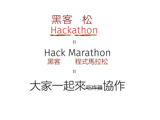 Hackathon
黑客 松
程式馬拉松
黑客
大家一起來吃炸雞
協作
Hack Marathon
＝ ＝
