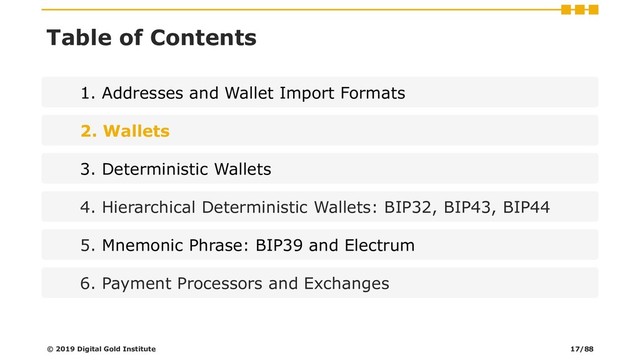 Table of Contents
1. Addresses and Wallet Import Formats
2. Wallets
3. Deterministic Wallets
4. Hierarchical Deterministic Wallets: BIP32, BIP43, BIP44
5. Mnemonic Phrase: BIP39 and Electrum
6. Payment Processors and Exchanges
© 2019 Digital Gold Institute 17/88
