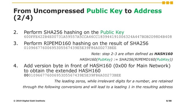 From Uncompressed Public Key to Address
(2/4)
© 2019 Digital Gold Institute
2. Perform SHA256 hashing on the Public Key
600FFE422B4E00731A59557A5CCA46CC183944191006324A447BDB2D98D4B408
3. Perform RIPEMD160 hashing on the result of SHA256
010966776006953D5567439E5E39F86A0D273BEE
Note: step 2-3 are often defined as HASH160
HASH160(PubKey) := SHA256(RIPEMD160(PubKey))
4. Add version byte in front of HASH160 (0x00 for Main Network)
to obtain the extended HASH160
00010966776006953D5567439E5E39F86A0D273BEE
The leading zeros, while irrelevant digits for a number, are retained
through the following conversions and will lead to a leading 1 in the resulting address
8/88
