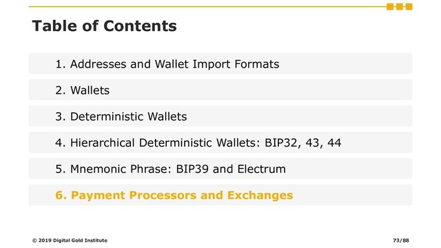 Table of Contents
1. Addresses and Wallet Import Formats
2. Wallets
3. Deterministic Wallets
4. Hierarchical Deterministic Wallets: BIP32, 43, 44
5. Mnemonic Phrase: BIP39 and Electrum
6. Payment Processors and Exchanges
© 2019 Digital Gold Institute 73/88
