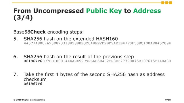 From Uncompressed Public Key to Address
(3/4)
© 2019 Digital Gold Institute
Base58Check encoding steps:
5. SHA256 hash on the extended HASH160
445C7A8007A93D8733188288BB320A8FE2DEBD2AE1B47F0F50BC10BAE845C094
6. SHA256 hash on the result of the previous step
D61967F63C7DD183914A4AE452C9F6AD5D462CE3D277798075B107615C1A8A30
7. Take the first 4 bytes of the second SHA256 hash as address
checksum
D61967F6
9/88
