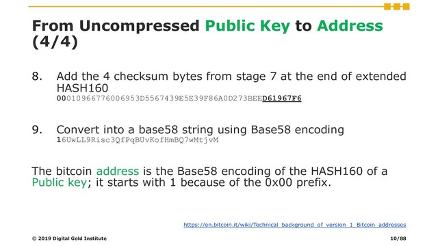 From Uncompressed Public Key to Address
(4/4)
© 2019 Digital Gold Institute
8. Add the 4 checksum bytes from stage 7 at the end of extended
HASH160
00010966776006953D5567439E5E39F86A0D273BEED61967F6
9. Convert into a base58 string using Base58 encoding
16UwLL9Risc3QfPqBUvKofHmBQ7wMtjvM
The bitcoin address is the Base58 encoding of the HASH160 of a
Public key; it starts with 1 because of the 0x00 prefix.
https://en.bitcoin.it/wiki/Technical_background_of_version_1_Bitcoin_addresses
10/88
