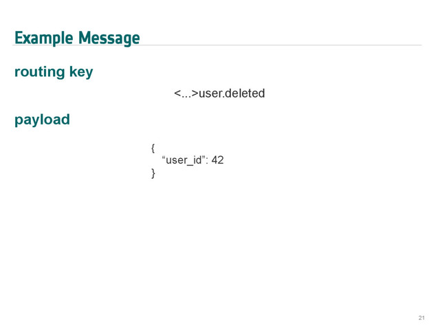 Example Message
routing key
<...>user.deleted
payload
21
{
“user_id”: 42
}
