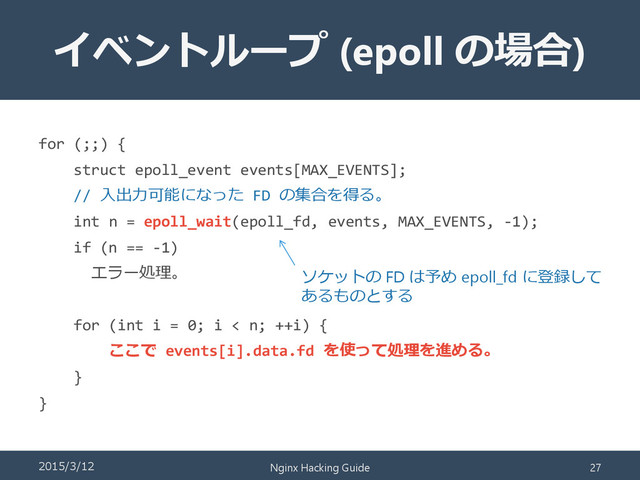 イベントループ (epoll の場合)
for (;;) {
struct epoll_event events[MAX_EVENTS];
// 入出力可能になった FD の集合を得る。
int n = epoll_wait(epoll_fd, events, MAX_EVENTS, -1);
if (n == -1)
エラー処理。
for (int i = 0; i < n; ++i) {
ここで events[i].data.fd を使って処理を進める。
}
}
ソケットの FD は予め epoll_fd に登録して
あるものとする
2015/3/12 Nginx Hacking Guide 27
