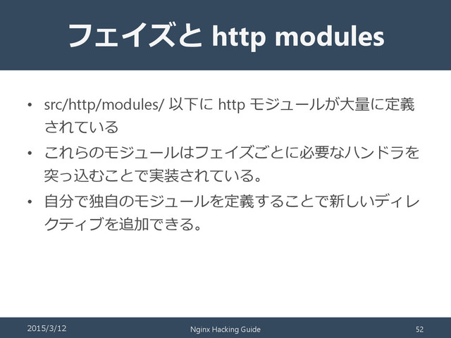 フェイズと http modules
• src/http/modules/ 以下に http モジュールが大量に定義
されている
• これらのモジュールはフェイズごとに必要なハンドラを
突っ込むことで実装されている。
• 自分で独自のモジュールを定義することで新しいディレ
クティブを追加できる。
2015/3/12 Nginx Hacking Guide 52
