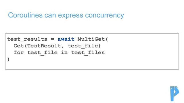 Coroutines can express concurrency
test_results = await MultiGet(
Get(TestResult, test_file)
for test_file in test_files
)

