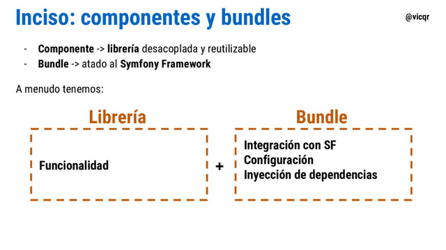 @vicqr
Inciso: componentes y bundles
- Componente -> librería desacoplada y reutilizable
- Bundle -> atado al Symfony Framework
A menudo tenemos:
Funcionalidad
Librería
Integración con SF
Configuración
Inyección de dependencias
Bundle
+
