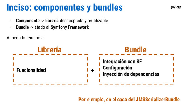 @vicqr
Inciso: componentes y bundles
- Componente -> librería desacoplada y reutilizable
- Bundle -> atado al Symfony Framework
A menudo tenemos:
Por ejemplo, en el caso del JMSSerializerBundle
Funcionalidad
Librería
Integración con SF
Configuración
Inyección de dependencias
Bundle
+
