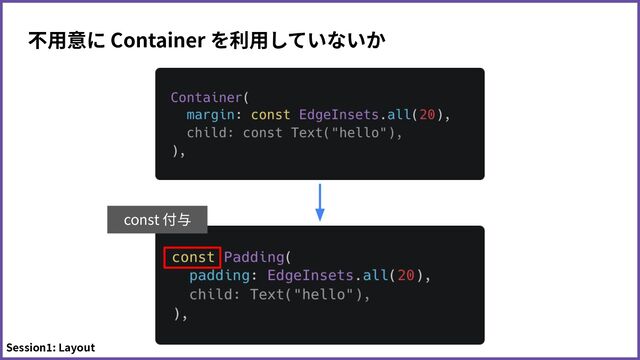 Session1: Layout
不⽤意に Container を利⽤していないか
const 付与
