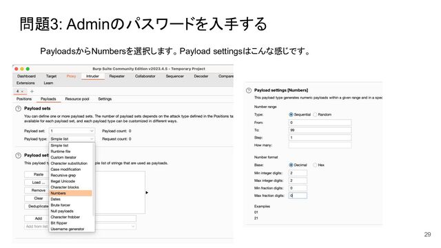 問題3: Adminのパスワードを入手する
これってstring? number?
29
PayloadsからNumbersを選択します。Payload settingsはこんな感じです。
