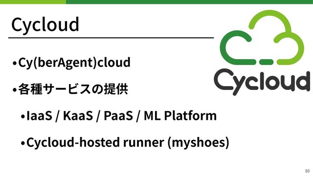 Cycloud
33
•Cy(berAgent)cloud


•各種サービスの提供


•IaaS / KaaS / PaaS / ML Platform


•Cycloud-hosted runner (myshoes)
