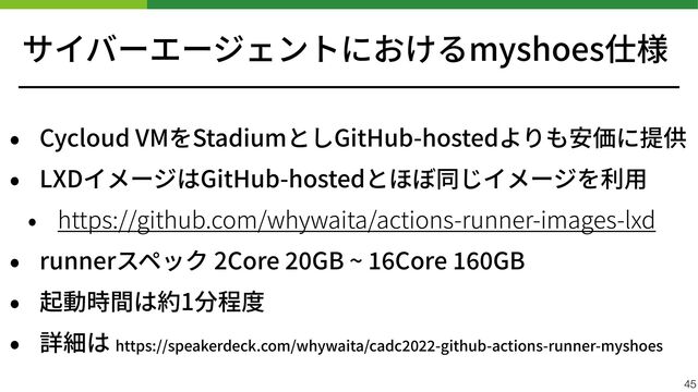 サイバーエージェントにおけるmyshoes仕様
• Cycloud VMをStadiumとしGitHub-hostedよりも安価に提供


• LXDイメージはGitHub-hostedとほぼ同じイメージを利⽤


• https://github.com/whywaita/actions-runner-images-lxd


• runnerスペック 2Core
2
0
GB ~
1
6
Core
1 60
GB


• 起動時間は約1分程度


• 詳細は https://speakerdeck.com/whywaita/cadc
2 0
2 2
-github-actions-runner-myshoes
45
