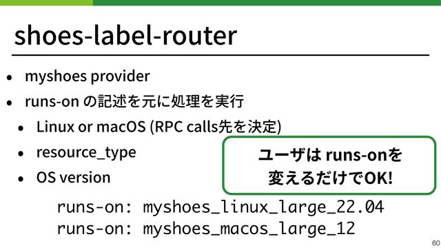 shoes-label-router
• myshoes provider


• runs-on の記述を元に処理を実⾏


• Linux or macOS (RPC calls先を決定)


• resource_type


• OS version
 
60
runs-on: myshoes_linux_large_22.04
runs-on: myshoes_macos_large_12
ユーザは runs-onを


変えるだけでOK!
