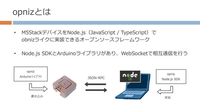 opnizとは
• M5StackデバイスをNode.js（JavaScript / TypeScript）で
obnizライクに実装できるオープンソースフレームワーク
• Node.js SDKとArduinoライブラリがあり、WebSocketで相互通信を行う
