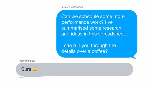 Sure 
Can we schedule some more

performance work? I’ve
summarised some research
and ideas in this spreadsheet… 

I can run you through the

details over a coﬀee?
Your manager
You, an intellectual
