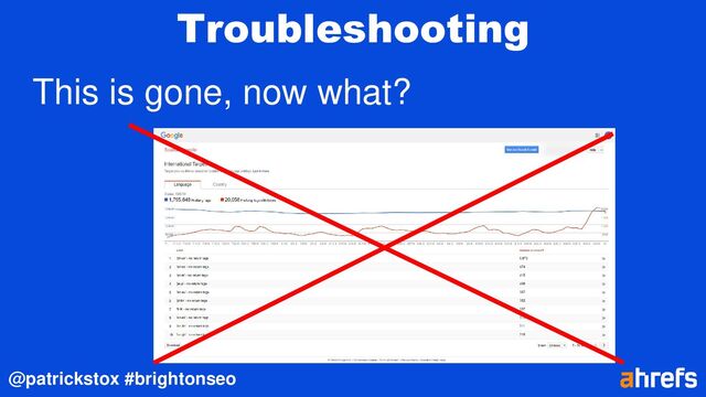@patrickstox #brightonseo
Troubleshooting
This is gone, now what?
