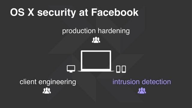 OS X security at Facebook
production hardening
client engineering intrusion detection

 
 
