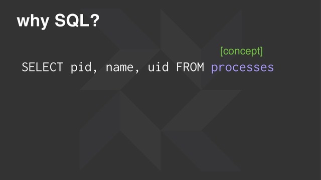 why SQL?
SELECT pid, name, uid FROM processes
[concept]
