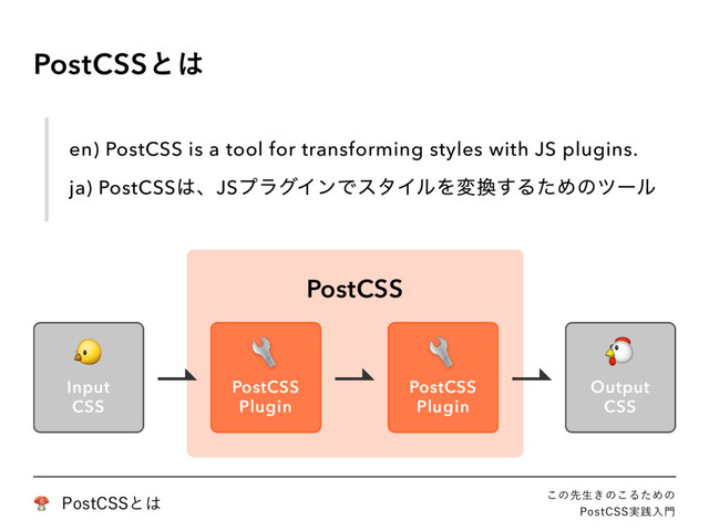 ! 1PTU$44ͱ͸ ͜ͷઌੜ͖ͷ͜ΔͨΊͷ
1PTU$44࣮ફೖ໳
en) PostCSS is a tool for transforming styles with JS plugins.
ja) PostCSS͸ɺJSϓϥάΠϯͰελΠϧΛม׵͢ΔͨΊͷπʔϧ
PostCSSͱ͸
input
CSS
CSS
PostCSS
Plugin
"
"
PostCSS
Plugin
#
Input
CSS
#
Output
CSS
$
PostCSS
Plugin
"
"
PostCSS

