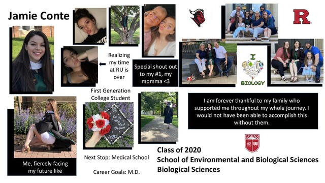 Jamie Conte
Class of 2020
School of Environmental and Biological Sciences
Biological Sciences
Me, fiercely facing
my future like
Next Stop: Medical School
Career Goals: M.D.
I am forever thankful to my family who
supported me throughout my whole journey. I
would not have been able to accomplish this
without them.
First Generation
College Student
Special shout out
to my #1, my
momma <3
Realizing
my time
at RU is
over

