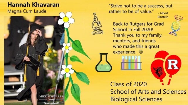 Class of 2020
School of Arts and Sciences
Biological Sciences
Hannah Khavaran
Magna Cum Laude
“Strive not to be a success, but
rather to be of value.”
Back to Rutgers for Grad
School in Fall 2020!
Thank you to my family,
mentors, and friends
who made this a great
experience. 
- Albert
Einstein
