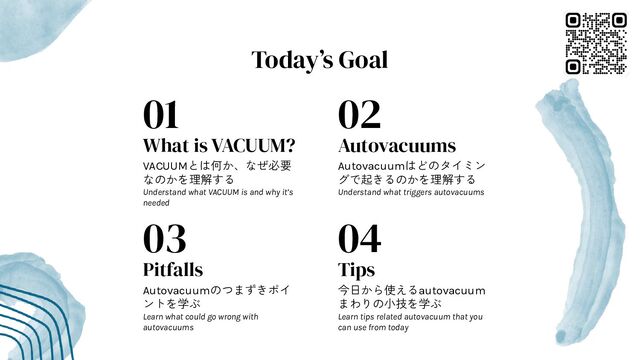 Today’s Goal
01
What is VACUUM?
02
Autovacuums
03
Pitfalls
Autovacuumのつまずきポイ
ントを学ぶ
Learn what could go wrong with
autovacuums
VACUUMとは何か、なぜ必要
なのかを理解する
Understand what VACUUM is and why it’s
needed
Autovacuumはどのタイミン
グで起きるのかを理解する
Understand what triggers autovacuums
04
Tips
今日から使えるautovacuum
まわりの小技を学ぶ
Learn tips related autovacuum that you
can use from today
