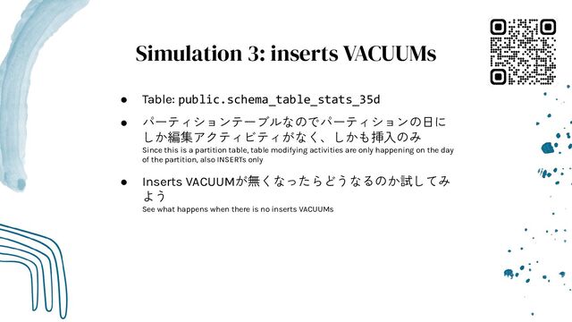 ● Table: public.schema_table_stats_35d
● パーティションテーブルなのでパーティションの日に
しか編集アクティビティがなく、しかも挿入のみ
Since this is a partition table, table modifying activities are only happening on the day
of the partition, also INSERTs only
● Inserts VACUUMが無くなったらどうなるのか試してみ
よう
See what happens when there is no inserts VACUUMs
Simulation 3: inserts VACUUMs
