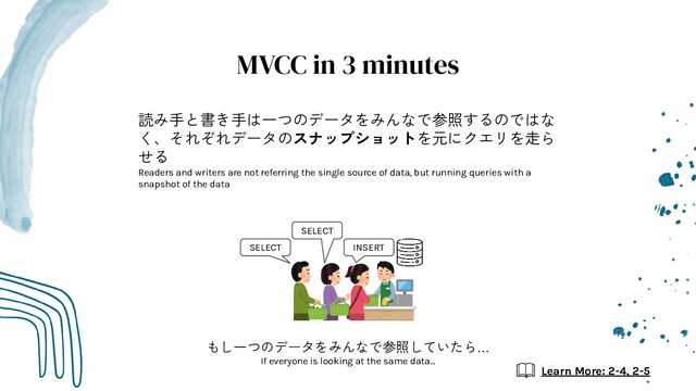 MVCC in 3 minutes
読み手と書き手は一つのデータをみんなで参照するのではな
く、それぞれデータのスナップショットを元にクエリを走ら
せる
Readers and writers are not referring the single source of data, but running queries with a
snapshot of the data
INSERT
SELECT
SELECT
もし一つのデータをみんなで参照していたら…
If everyone is looking at the same data…
Learn More: 2-4, 2-5
