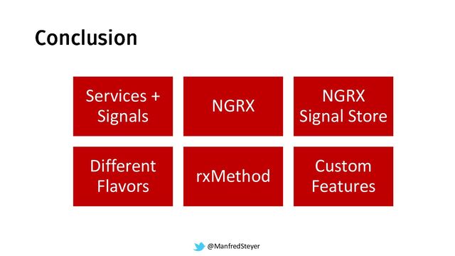 @ManfredSteyer
Services +
Signals
NGRX
NGRX
Signal Store
Different
Flavors
rxMethod
Custom
Features
