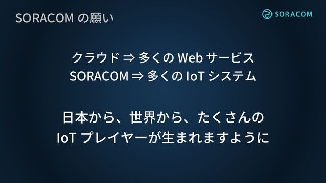 SORACOM の願い
クラウド ⇒ 多くの Web サービス
SORACOM ⇒ 多くの IoT システム
日本から、世界から、たくさんの
IoT プレイヤーが生まれますように
