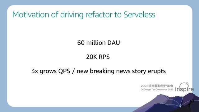 Motivation of driving refactor to Serveless
60 million DAU
20K RPS
3x grows QPS / new breaking news story erupts
