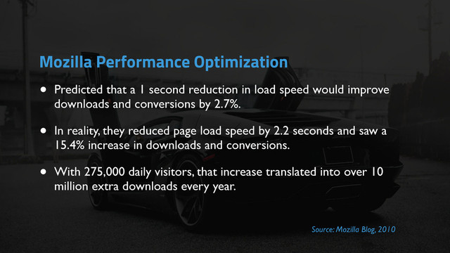 • Predicted that a 1 second reduction in load speed would improve
downloads and conversions by 2.7%.
• In reality, they reduced page load speed by 2.2 seconds and saw a
15.4% increase in downloads and conversions.
• With 275,000 daily visitors, that increase translated into over 10
million extra downloads every year.
Source: Mozilla Blog, 2010
Mozilla Performance Optimization
