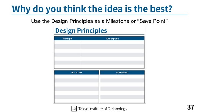 Why do you think the idea is the best?
37
Use the Design Principles as a Milestone or “Save Point”
