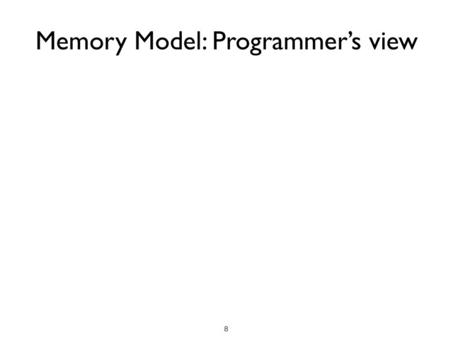 Memory Model: Programmer’s view
!8
