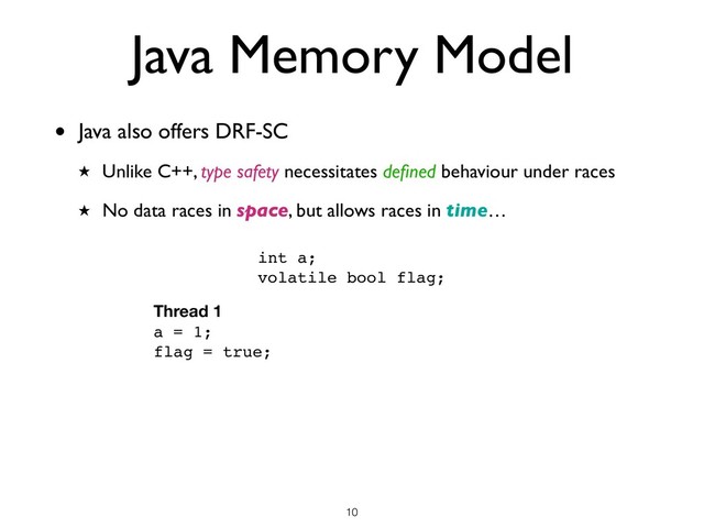 • Java also offers DRF-SC
★ Unlike C++, type safety necessitates deﬁned behaviour under races
★ No data races in space, but allows races in time…
!10
Java Memory Model
int a;
volatile bool flag;
Thread 1
a = 1;
flag = true;
