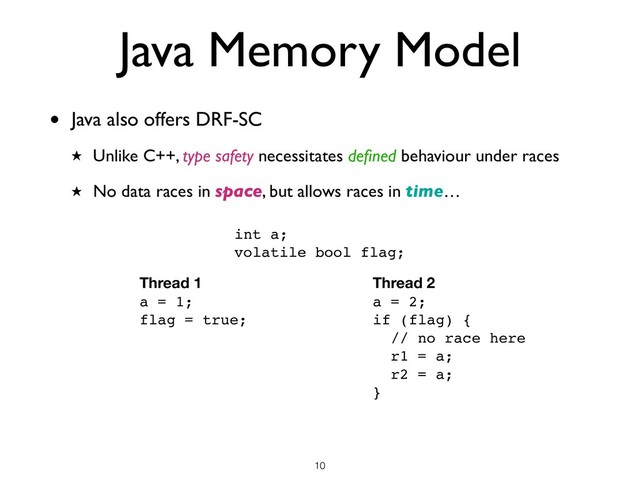 • Java also offers DRF-SC
★ Unlike C++, type safety necessitates deﬁned behaviour under races
★ No data races in space, but allows races in time…
!10
Java Memory Model
int a;
volatile bool flag;
Thread 1
a = 1;
flag = true;
Thread 2
a = 2;
if (flag) {
// no race here
r1 = a;
r2 = a;
}
